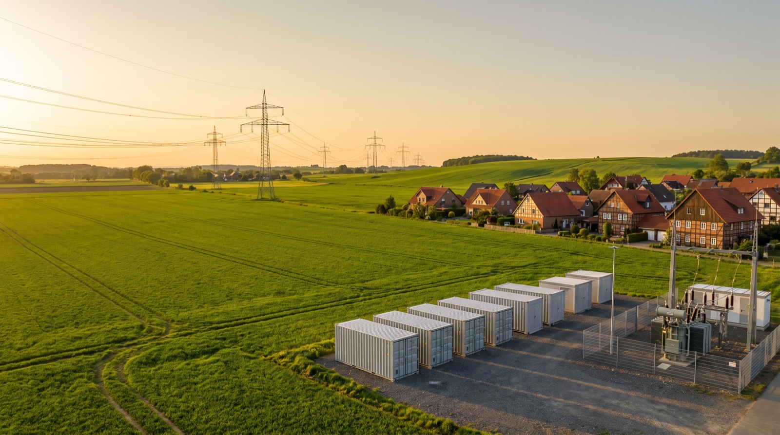 Batteriespeicher-Container am Feldrand neben einem Umspannwerk in der OWL-Landschaft