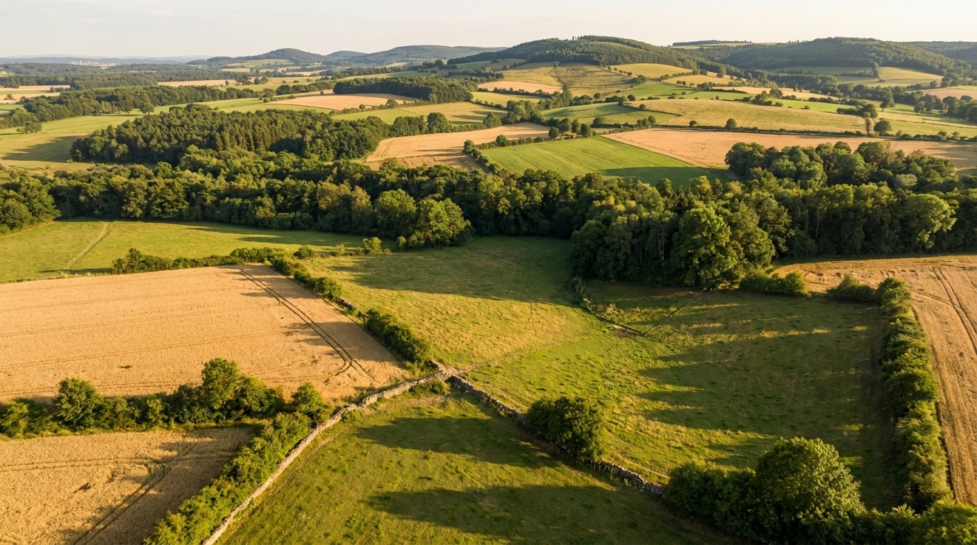 Luftbild einer Kulturlandschaft in Ostwestfalen-Lippe mit Acker-, Grünland- und Waldparzellen — Bodenmarkt 2025