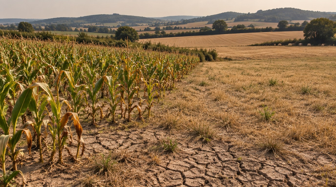 Vertrockneter Maisbestand und ausgedörrtes Grünland mit rissigem Boden in Ostwestfalen-Lippe im Spätsommer 2026