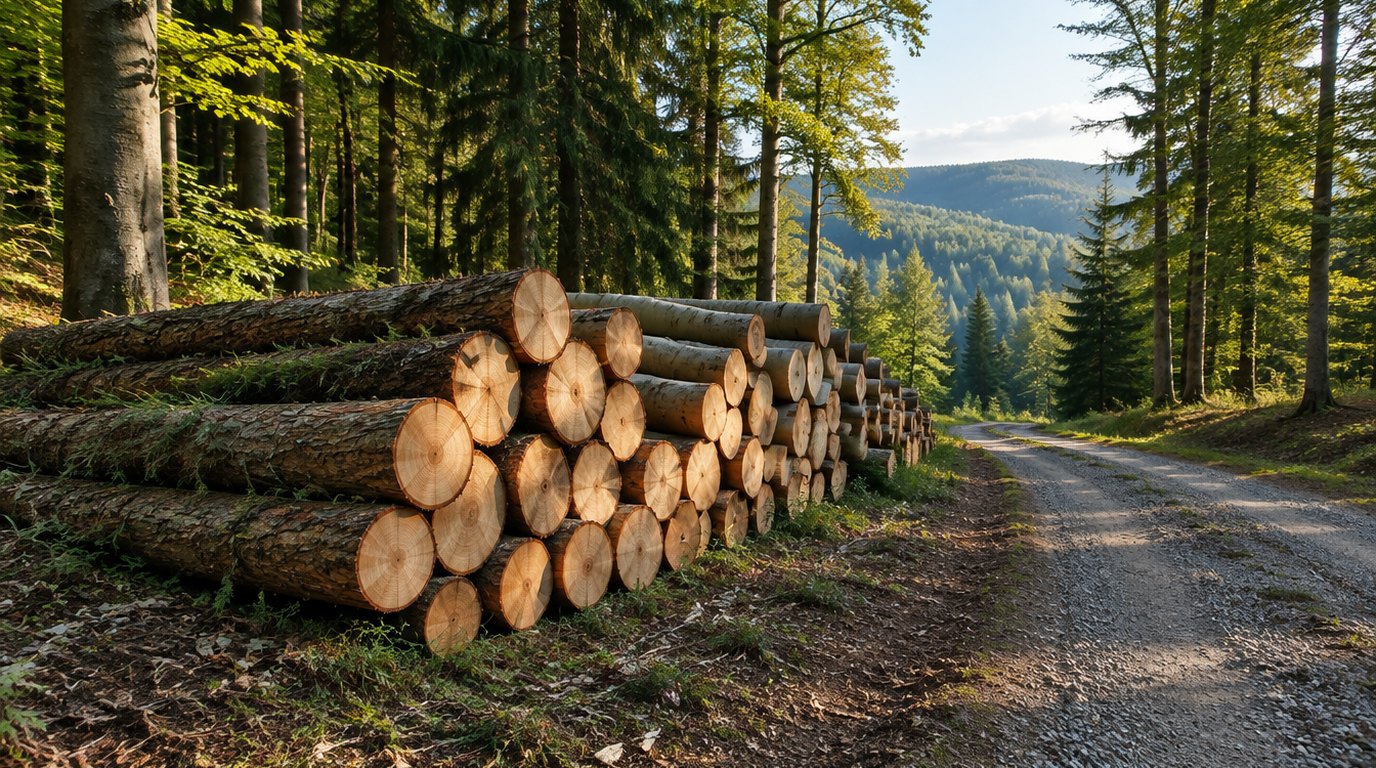 Holzpolter mit frisch eingeschlagenem Rundholz an einem Waldweg in einem Mischwald