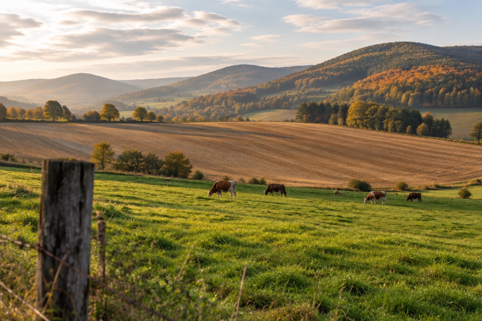 Grüne Weide mit grasenden Rindern im Vordergrund, abgeerntetes Ackerland und bewaldete Hügel des Lipper Berglands im Herbstlicht