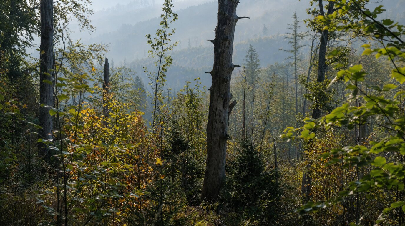Strukturreicher Mischwald mit stehendem Totholz-Habitatbaum im Lipper Bergland