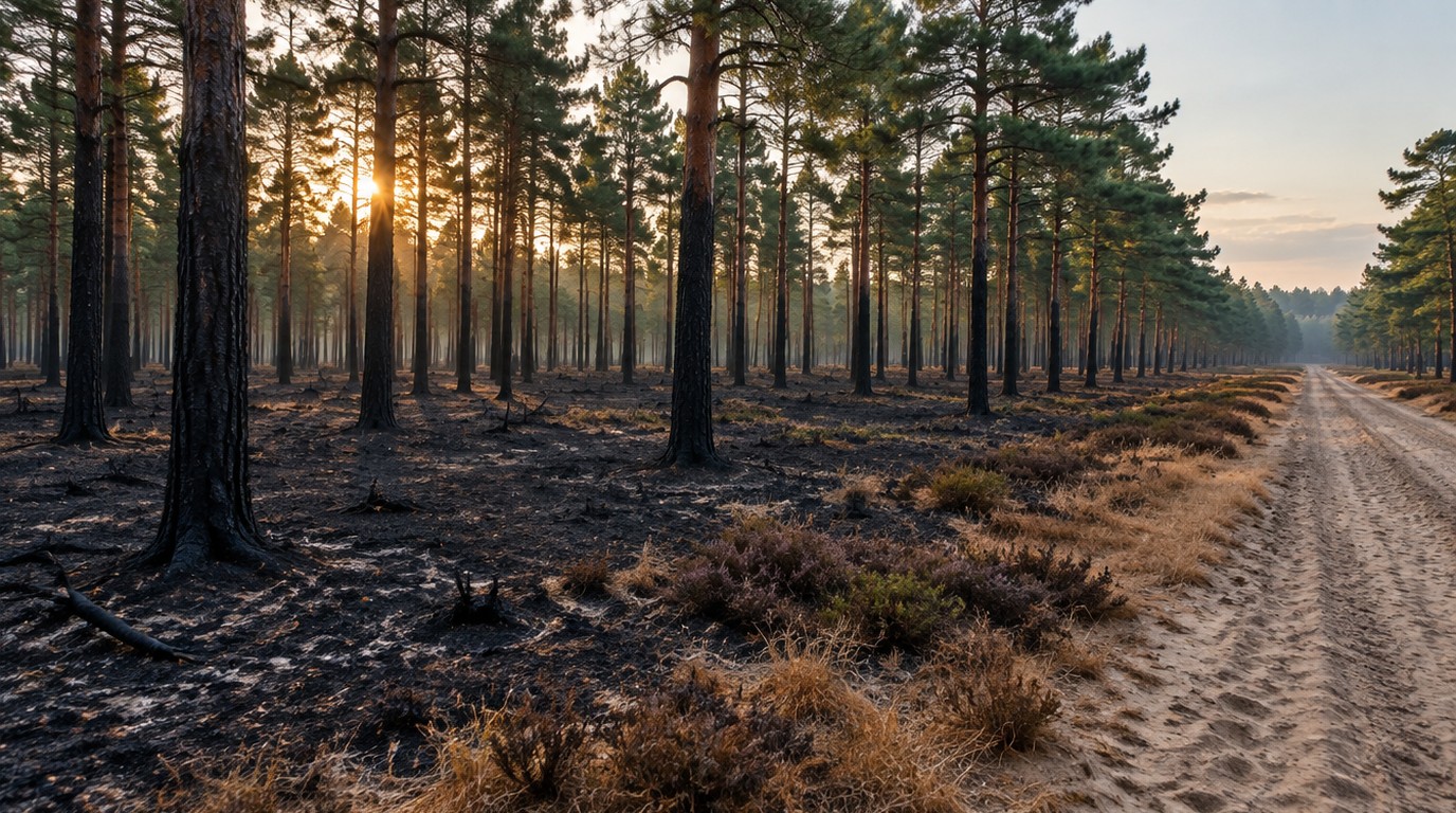 Kiefernwald auf Sandboden nach einem Bodenfeuer mit verkohltem Waldboden und geschwärzten Stämmen
