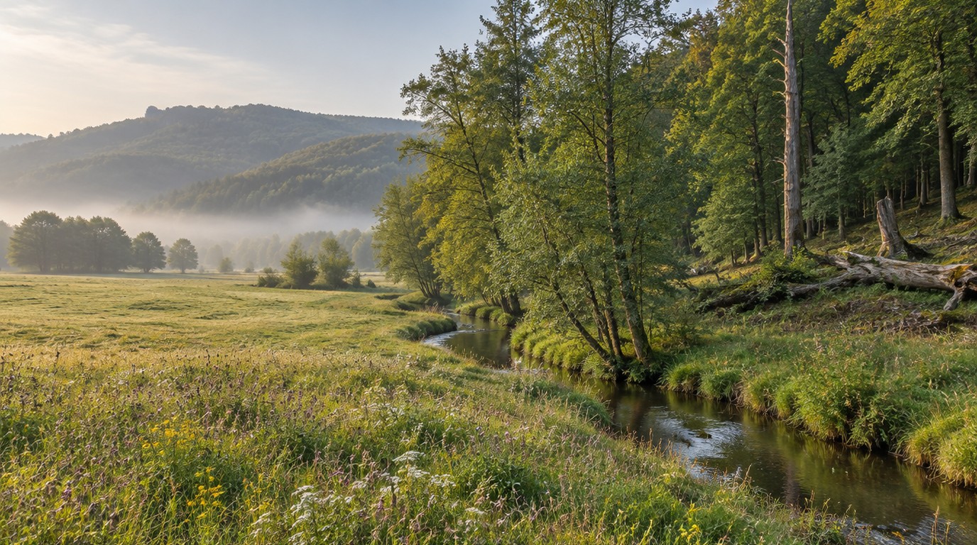 Artenreiche Wiese mit Bachlauf an einem strukturreichen Laubwaldrand mit stehendem und liegendem Totholz in Ostwestfalen-Lippe